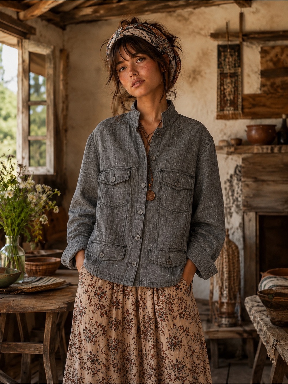 Dalia Collection Gray Button-Front Utility Jacket- size 18x—boho- grunge